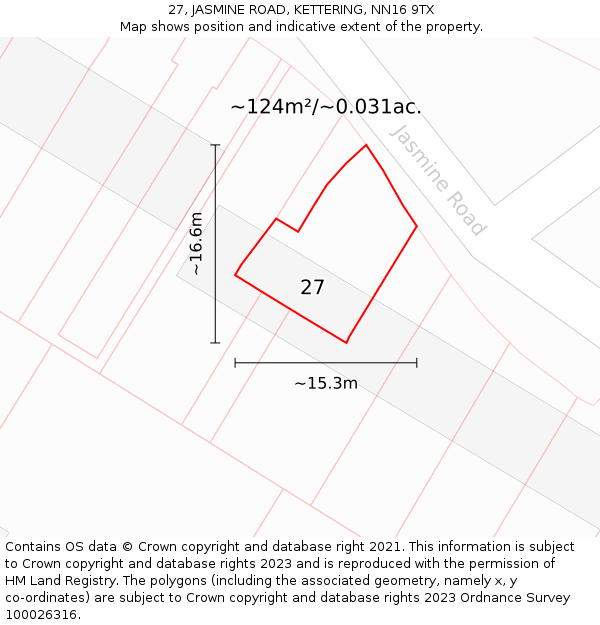 27, JASMINE ROAD, KETTERING, NN16 9TX: Plot and title map