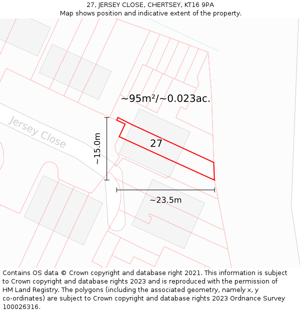 27, JERSEY CLOSE, CHERTSEY, KT16 9PA: Plot and title map