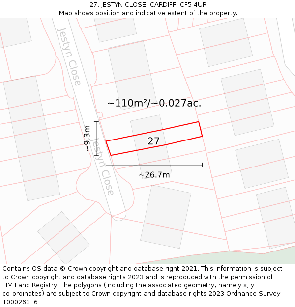 27, JESTYN CLOSE, CARDIFF, CF5 4UR: Plot and title map