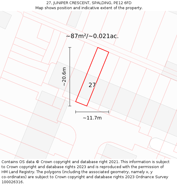 27, JUNIPER CRESCENT, SPALDING, PE12 6FD: Plot and title map