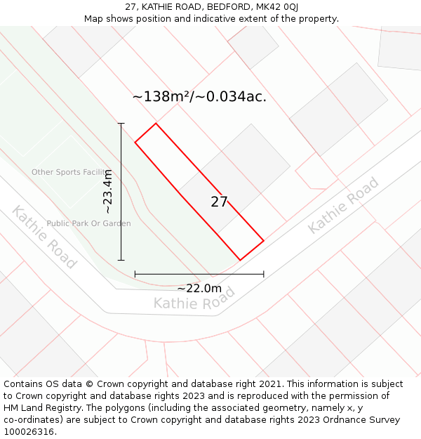 27, KATHIE ROAD, BEDFORD, MK42 0QJ: Plot and title map