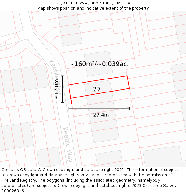 27, KEEBLE WAY, BRAINTREE, CM7 3JX: Plot and title map
