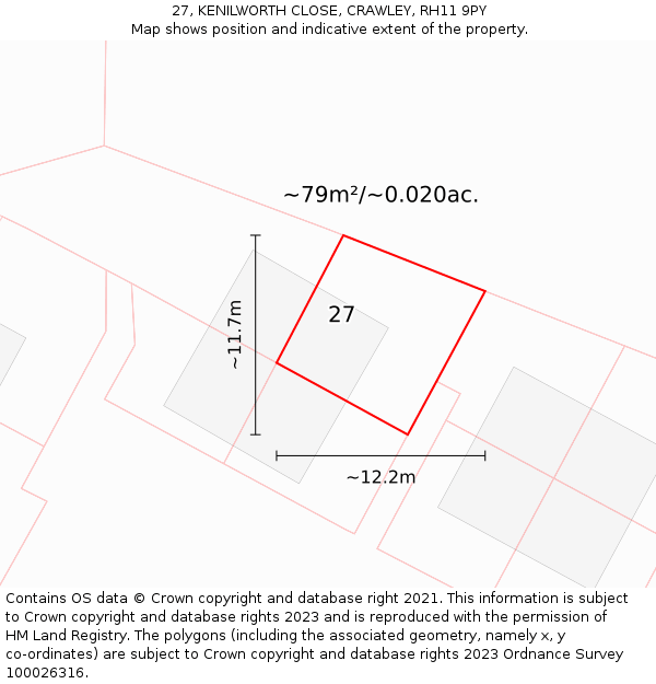27, KENILWORTH CLOSE, CRAWLEY, RH11 9PY: Plot and title map