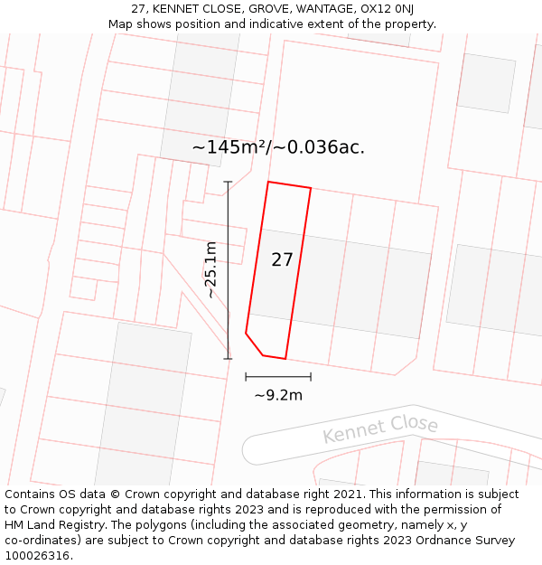 27, KENNET CLOSE, GROVE, WANTAGE, OX12 0NJ: Plot and title map