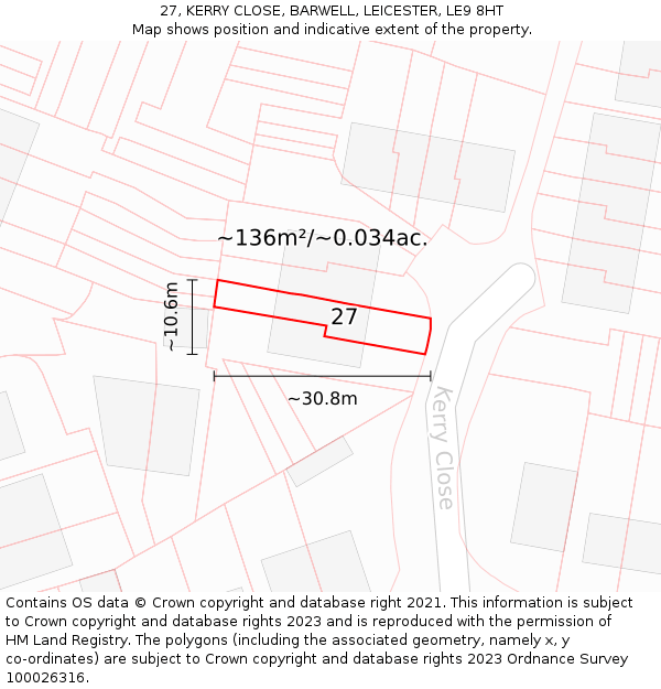 27, KERRY CLOSE, BARWELL, LEICESTER, LE9 8HT: Plot and title map