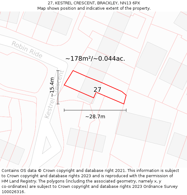 27, KESTREL CRESCENT, BRACKLEY, NN13 6PX: Plot and title map