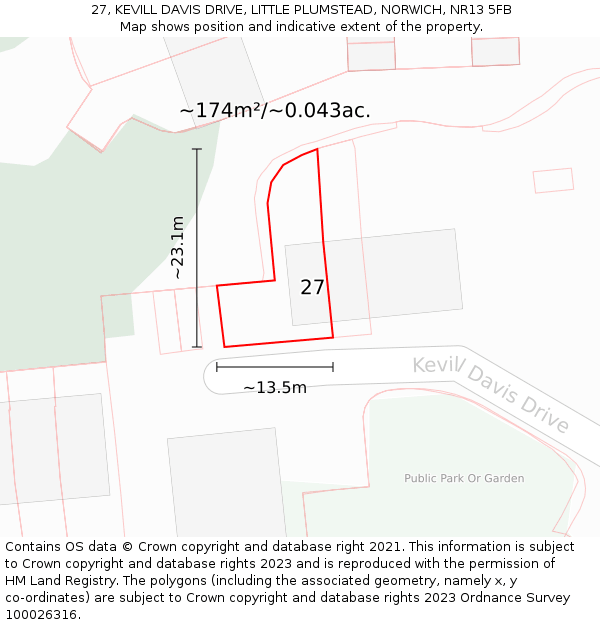 27, KEVILL DAVIS DRIVE, LITTLE PLUMSTEAD, NORWICH, NR13 5FB: Plot and title map