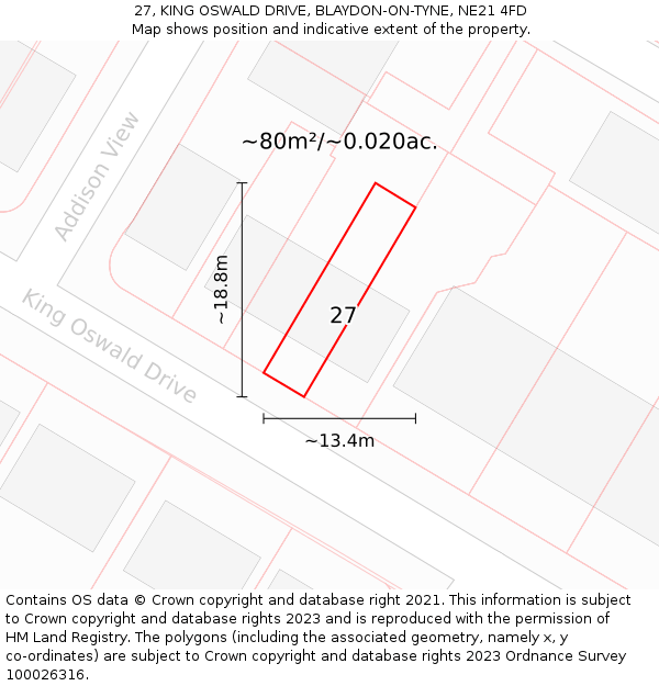 27, KING OSWALD DRIVE, BLAYDON-ON-TYNE, NE21 4FD: Plot and title map