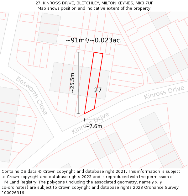 27, KINROSS DRIVE, BLETCHLEY, MILTON KEYNES, MK3 7UF: Plot and title map