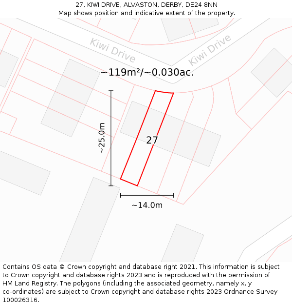 27, KIWI DRIVE, ALVASTON, DERBY, DE24 8NN: Plot and title map