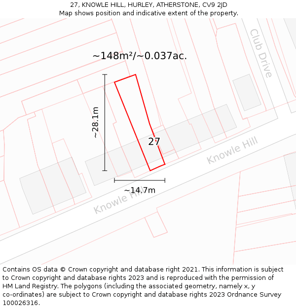 27, KNOWLE HILL, HURLEY, ATHERSTONE, CV9 2JD: Plot and title map