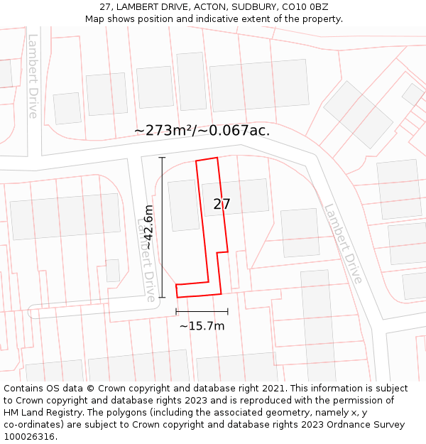 27, LAMBERT DRIVE, ACTON, SUDBURY, CO10 0BZ: Plot and title map