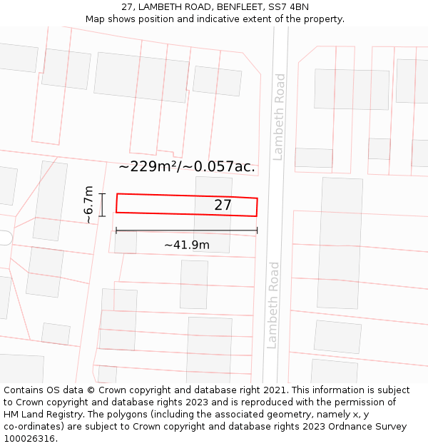 27, LAMBETH ROAD, BENFLEET, SS7 4BN: Plot and title map