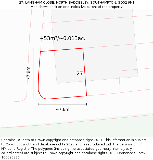 27, LANGHAM CLOSE, NORTH BADDESLEY, SOUTHAMPTON, SO52 9NT: Plot and title map