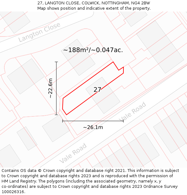 27, LANGTON CLOSE, COLWICK, NOTTINGHAM, NG4 2BW: Plot and title map