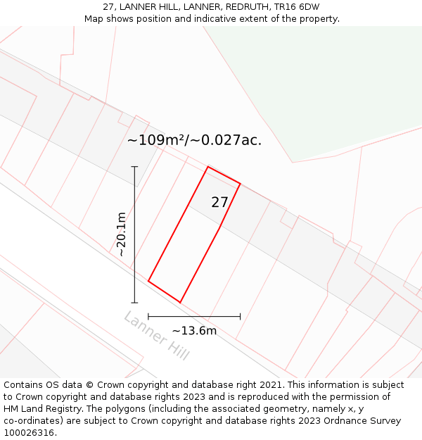 27, LANNER HILL, LANNER, REDRUTH, TR16 6DW: Plot and title map