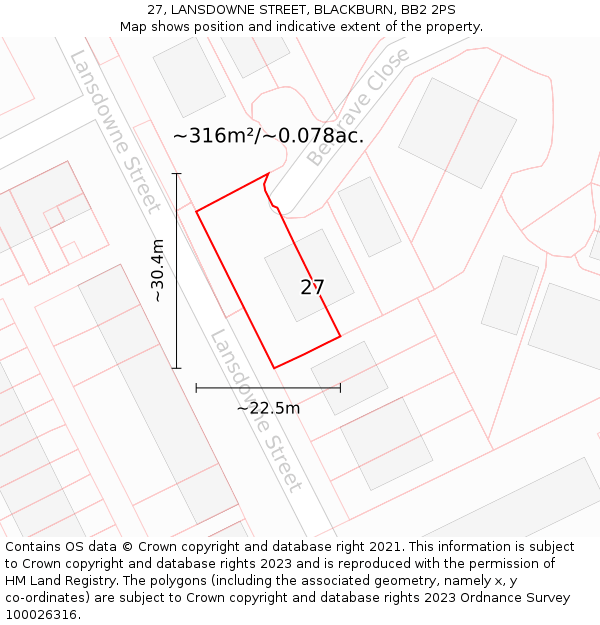 27, LANSDOWNE STREET, BLACKBURN, BB2 2PS: Plot and title map