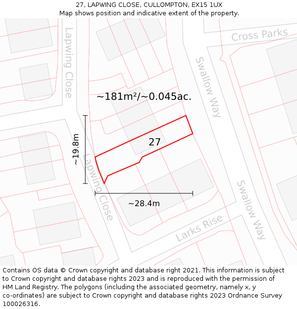 27, LAPWING CLOSE, CULLOMPTON, EX15 1UX: Plot and title map