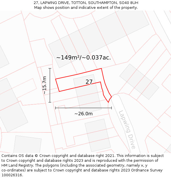 27, LAPWING DRIVE, TOTTON, SOUTHAMPTON, SO40 8UH: Plot and title map
