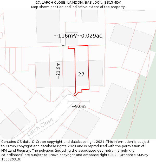 27, LARCH CLOSE, LAINDON, BASILDON, SS15 4DY: Plot and title map