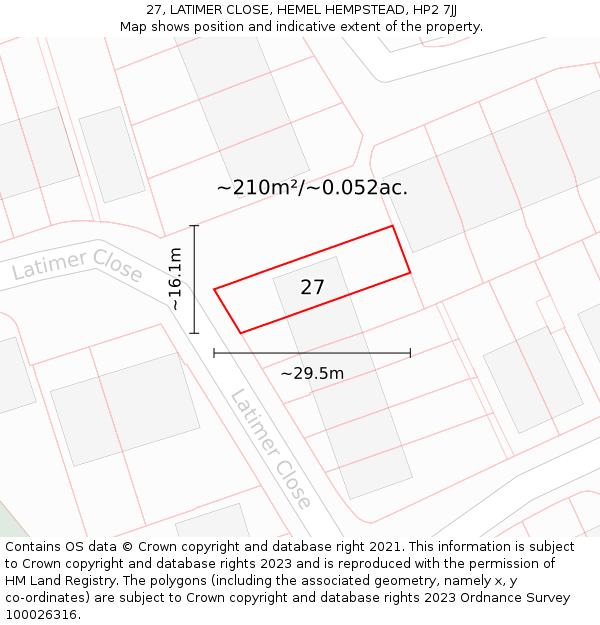 27, LATIMER CLOSE, HEMEL HEMPSTEAD, HP2 7JJ: Plot and title map