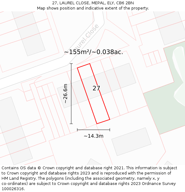 27, LAUREL CLOSE, MEPAL, ELY, CB6 2BN: Plot and title map