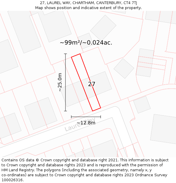 27, LAUREL WAY, CHARTHAM, CANTERBURY, CT4 7TJ: Plot and title map