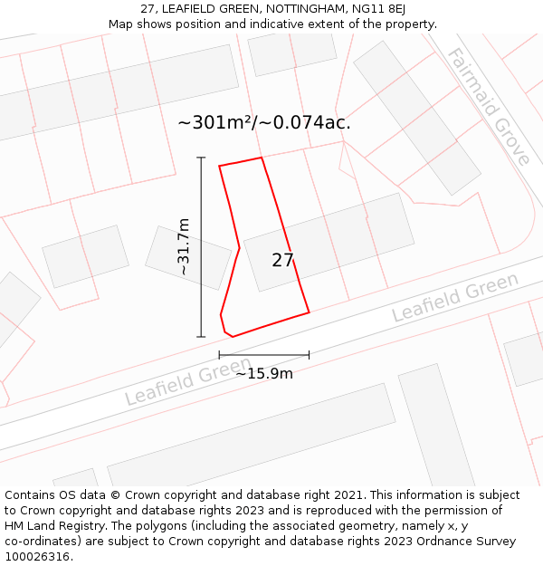 27, LEAFIELD GREEN, NOTTINGHAM, NG11 8EJ: Plot and title map