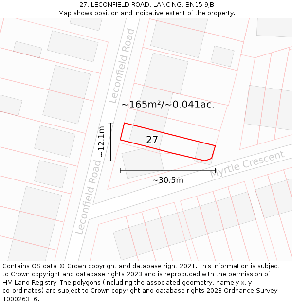 27, LECONFIELD ROAD, LANCING, BN15 9JB: Plot and title map