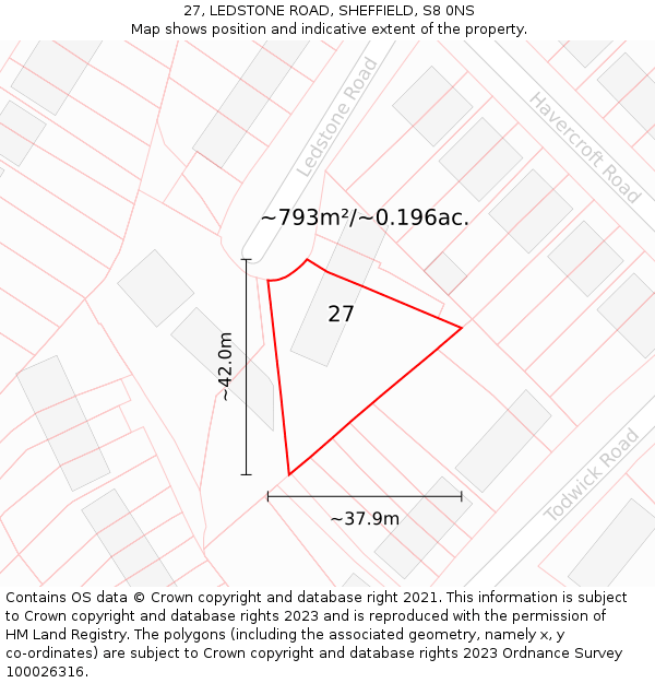 27, LEDSTONE ROAD, SHEFFIELD, S8 0NS: Plot and title map