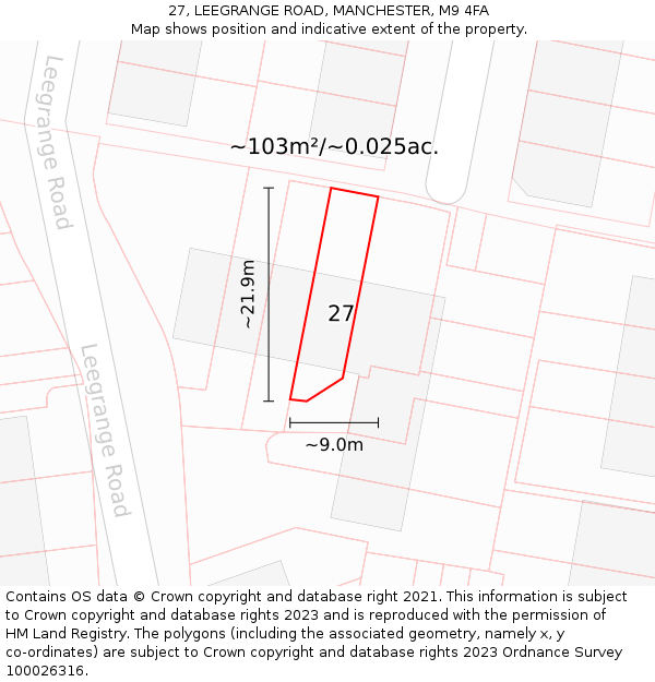 27, LEEGRANGE ROAD, MANCHESTER, M9 4FA: Plot and title map