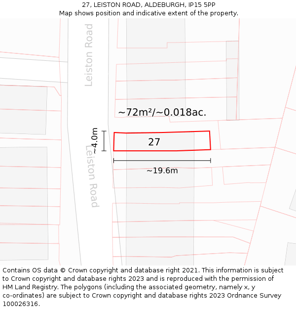 27, LEISTON ROAD, ALDEBURGH, IP15 5PP: Plot and title map