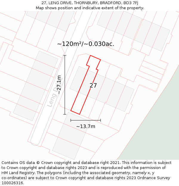 27, LENG DRIVE, THORNBURY, BRADFORD, BD3 7FJ: Plot and title map