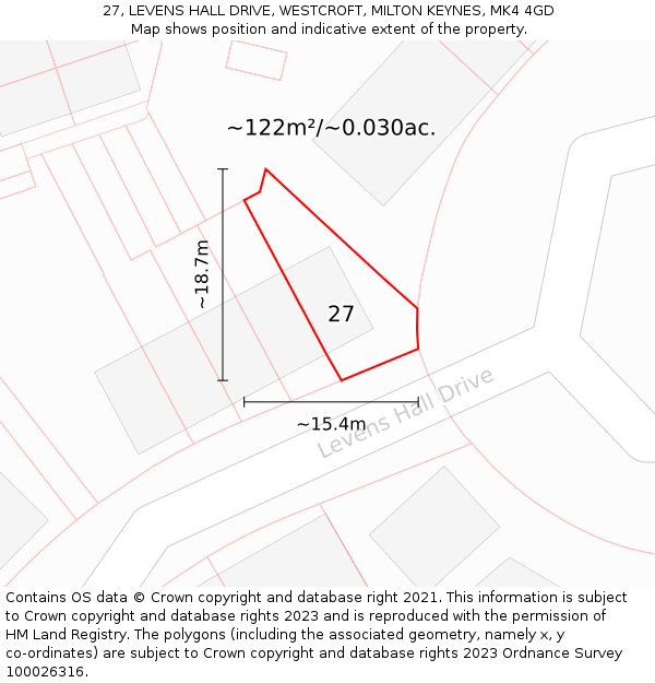 27, LEVENS HALL DRIVE, WESTCROFT, MILTON KEYNES, MK4 4GD: Plot and title map