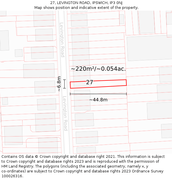 27, LEVINGTON ROAD, IPSWICH, IP3 0NJ: Plot and title map