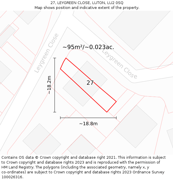 27, LEYGREEN CLOSE, LUTON, LU2 0SQ: Plot and title map