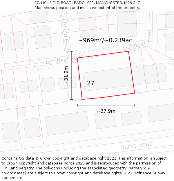 27, LICHFIELD ROAD, RADCLIFFE, MANCHESTER, M26 3LZ: Plot and title map