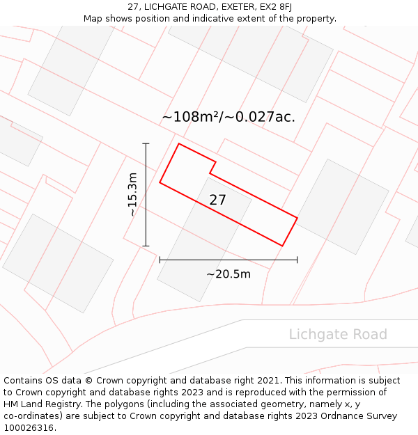 27, LICHGATE ROAD, EXETER, EX2 8FJ: Plot and title map