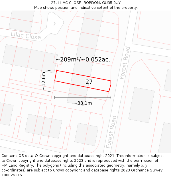 27, LILAC CLOSE, BORDON, GU35 0UY: Plot and title map