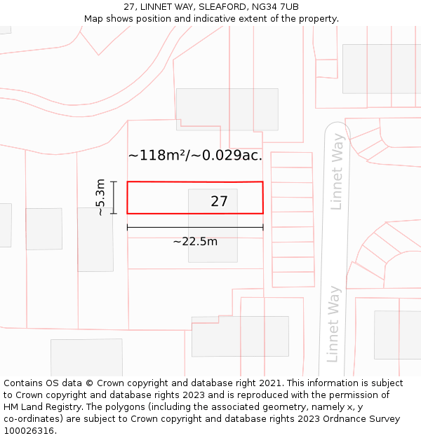27, LINNET WAY, SLEAFORD, NG34 7UB: Plot and title map