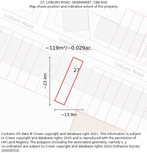 27, LISBURN ROAD, NEWMARKET, CB8 8HS: Plot and title map