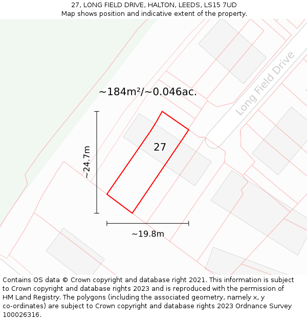 27, LONG FIELD DRIVE, HALTON, LEEDS, LS15 7UD: Plot and title map