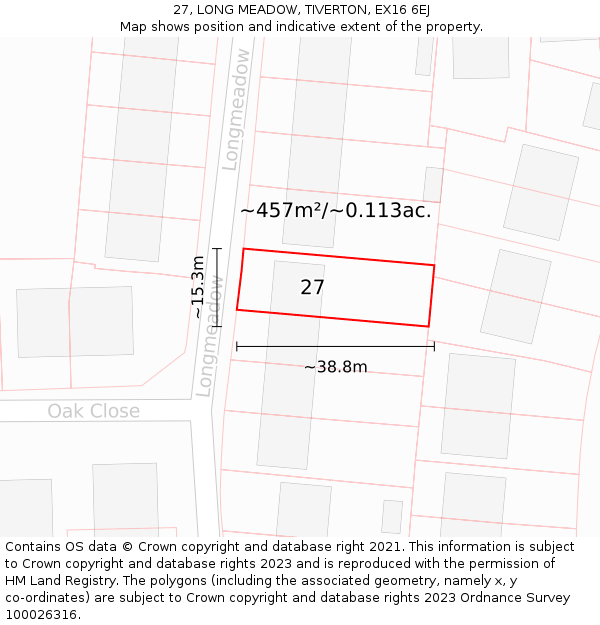 27, LONG MEADOW, TIVERTON, EX16 6EJ: Plot and title map