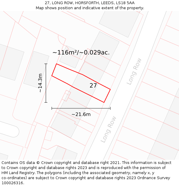 27, LONG ROW, HORSFORTH, LEEDS, LS18 5AA: Plot and title map