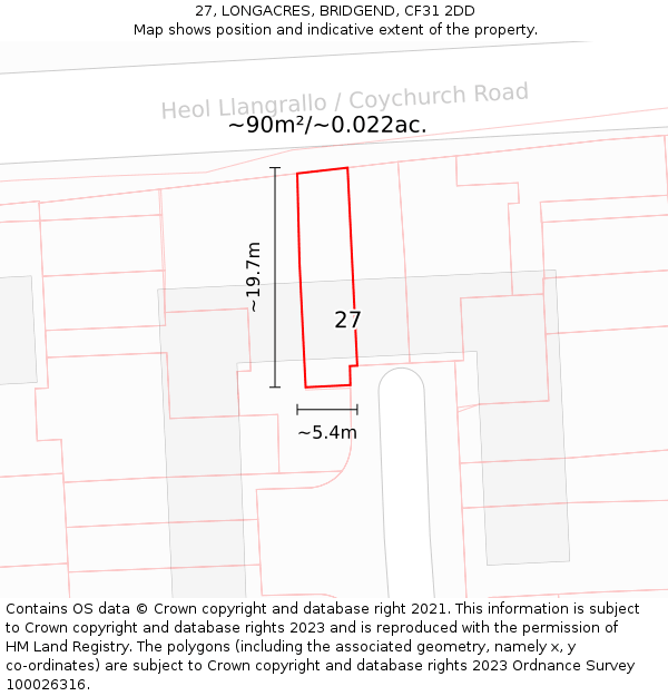 27, LONGACRES, BRIDGEND, CF31 2DD: Plot and title map