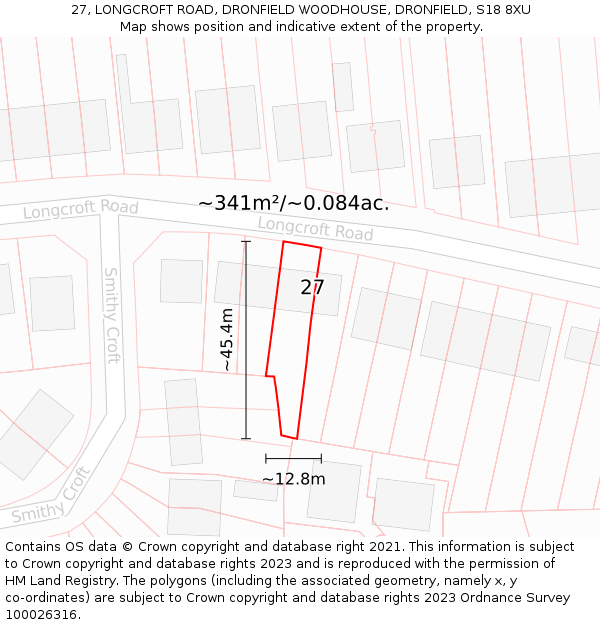 27, LONGCROFT ROAD, DRONFIELD WOODHOUSE, DRONFIELD, S18 8XU: Plot and title map