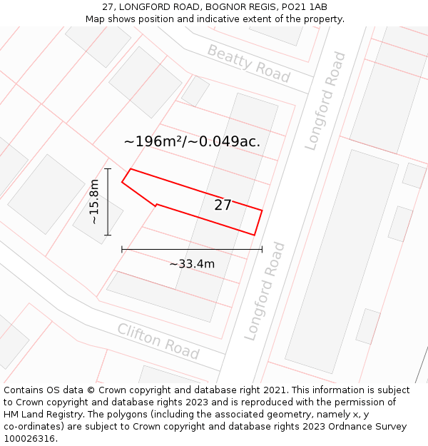 27, LONGFORD ROAD, BOGNOR REGIS, PO21 1AB: Plot and title map
