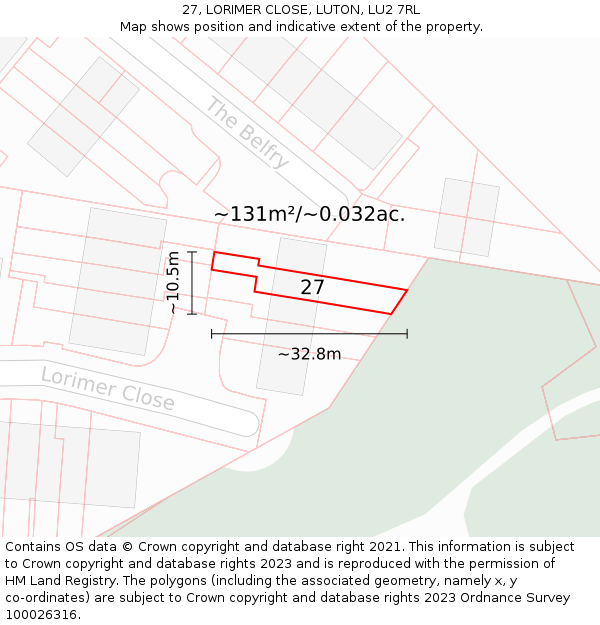 27, LORIMER CLOSE, LUTON, LU2 7RL: Plot and title map
