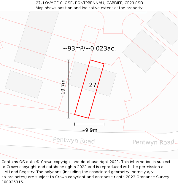 27, LOVAGE CLOSE, PONTPRENNAU, CARDIFF, CF23 8SB: Plot and title map