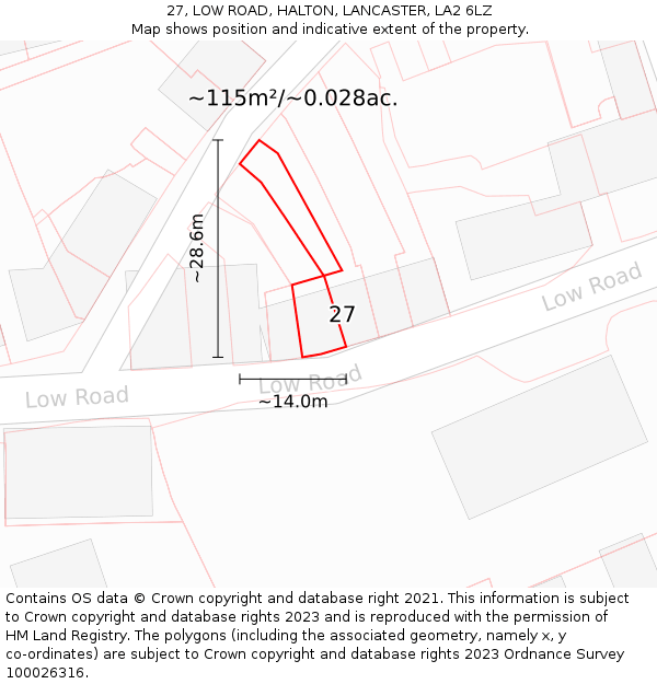 27, LOW ROAD, HALTON, LANCASTER, LA2 6LZ: Plot and title map